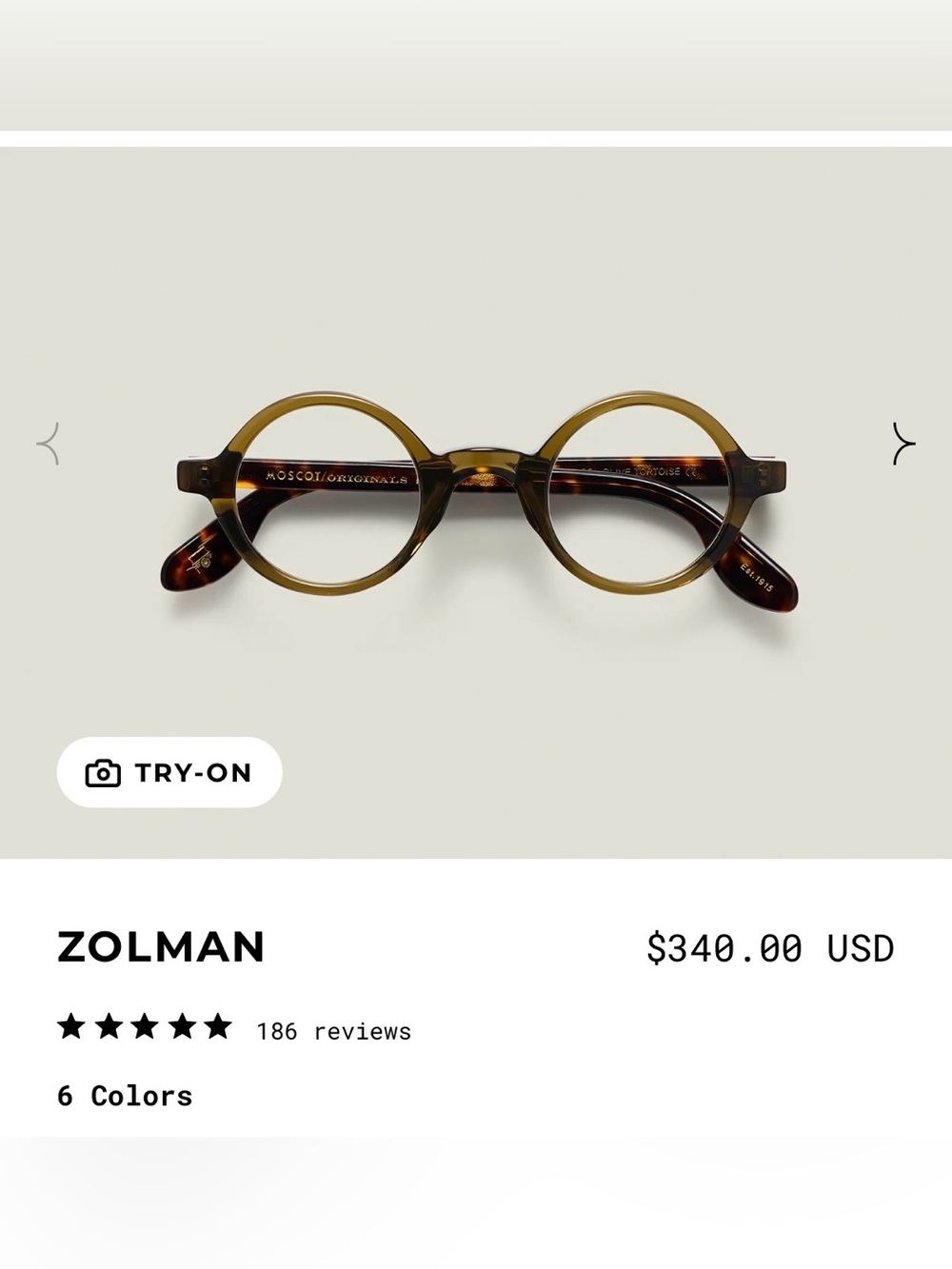 MOSCOT “Zolman”Olive rim with Tortoiseshell arms Eyeglass Frames with Black Case